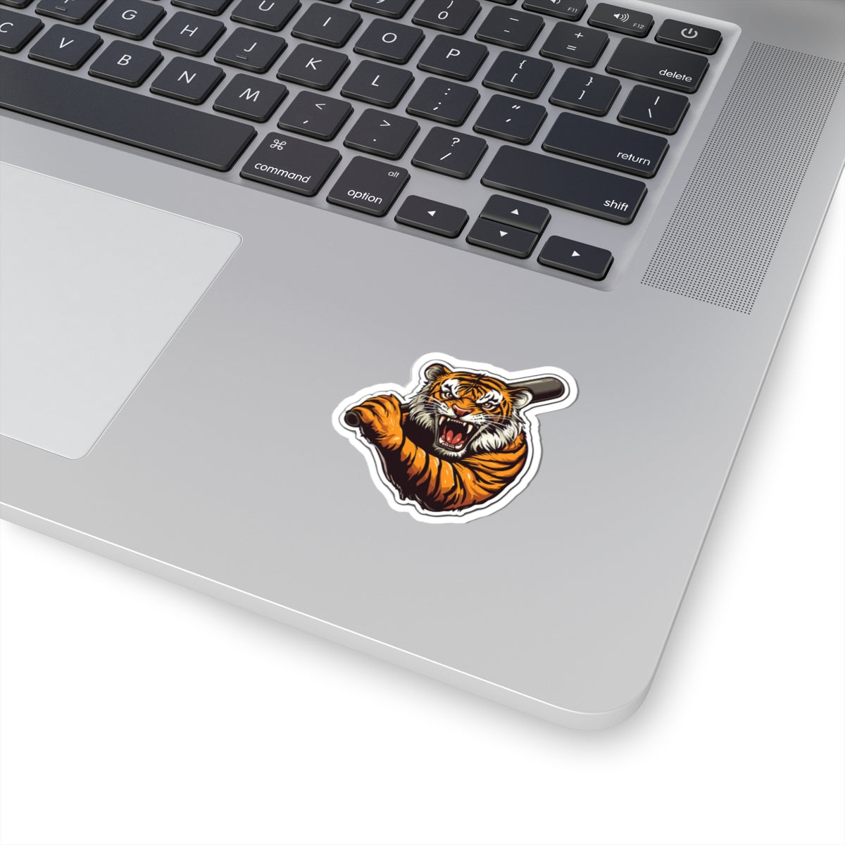 Roaring Tiger Baseball Bat Sticker — Fierce Tiger Kiss-Cut Decal for Laptops & Gear