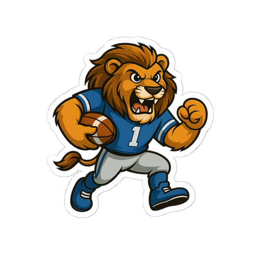 Lion Football Player Sticker — Fierce Mascot Kiss-Cut Decal for Laptops & Gear