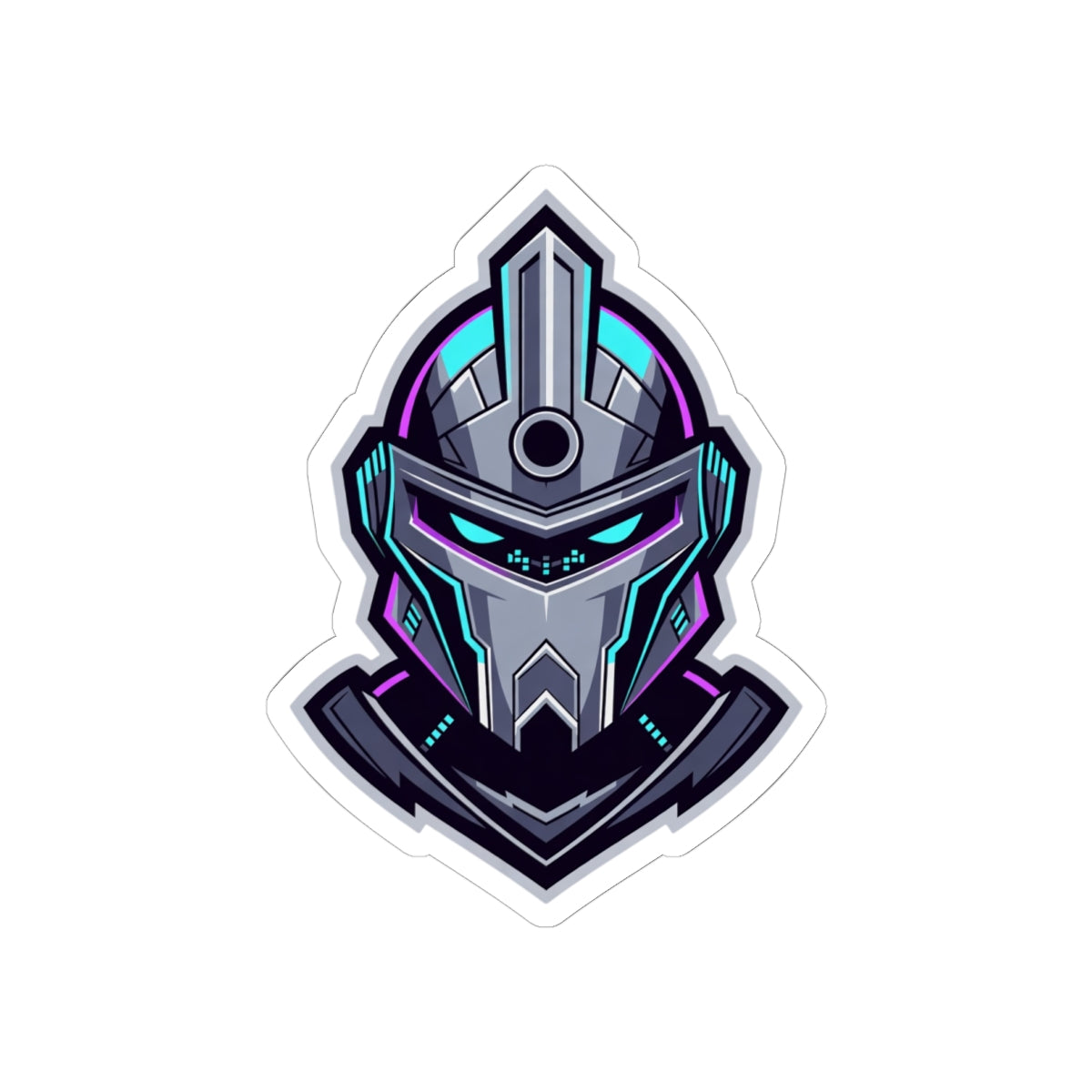 Futuristic Cyber Knight Sticker — Neon Gaming Helmet Kiss-Cut Decal