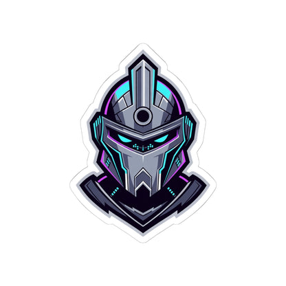 Futuristic Cyber Knight Sticker — Neon Gaming Helmet Kiss-Cut Decal