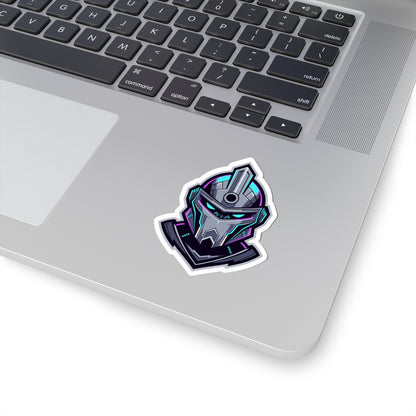 Futuristic Cyber Knight Sticker — Neon Gaming Helmet Kiss-Cut Decal