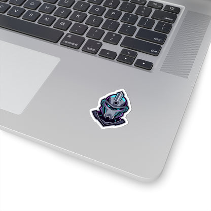 Futuristic Cyber Knight Sticker — Neon Gaming Helmet Kiss-Cut Decal