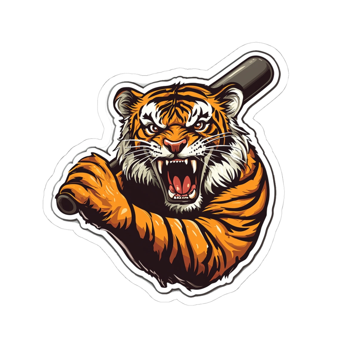 Roaring Tiger Baseball Bat Sticker — Fierce Tiger Kiss-Cut Decal for Laptops & Gear