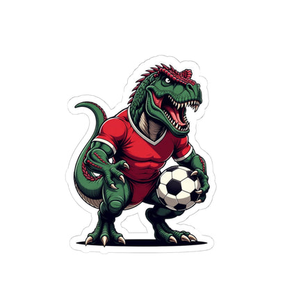 Angry Tyrannosaurus Soccer Sticker — Fierce T‑Rex Mascot Soccer Ball Decal