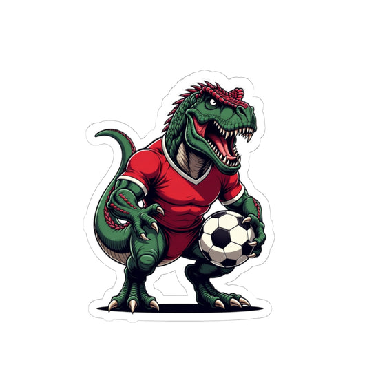 Angry Tyrannosaurus Soccer Sticker — Fierce T‑Rex Mascot Soccer Ball Decal