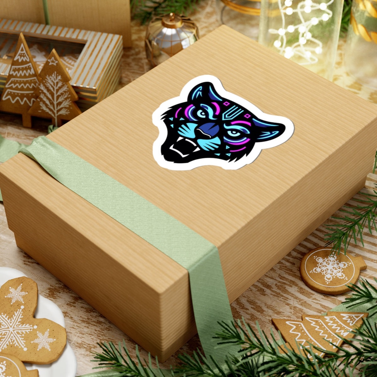 Futuristic Tiger Kiss-Cut Sticker — Retro Cyberpunk Panther Head Decal for Laptops & Gear