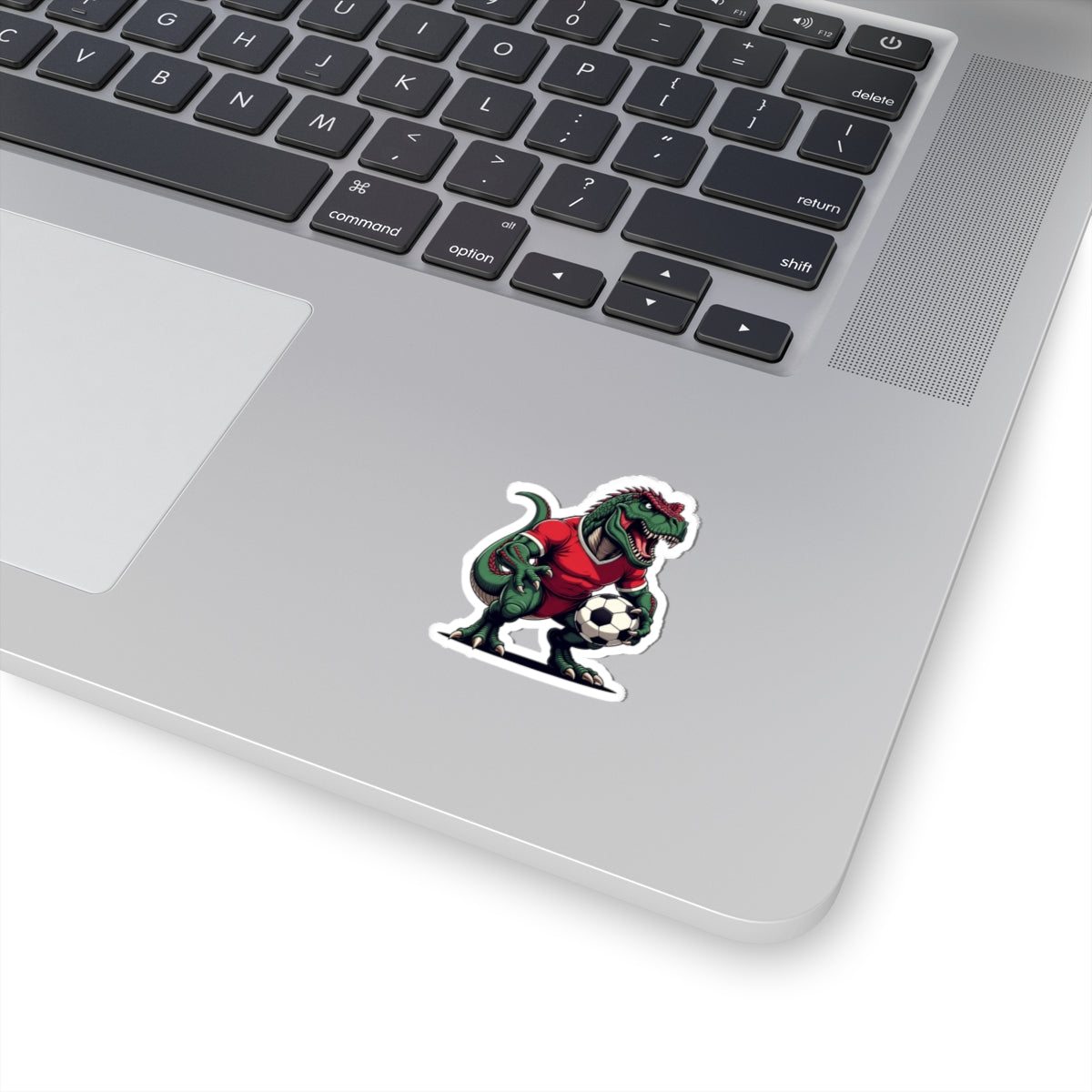 Angry Tyrannosaurus Soccer Sticker — Fierce T‑Rex Mascot Soccer Ball Decal