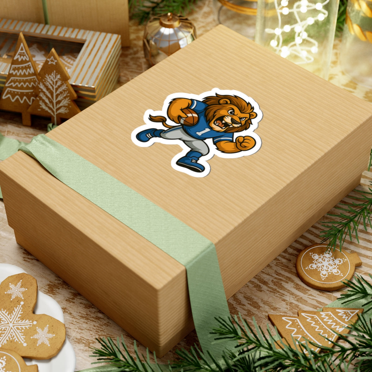 Lion Football Player Sticker — Fierce Mascot Kiss-Cut Decal for Laptops & Gear
