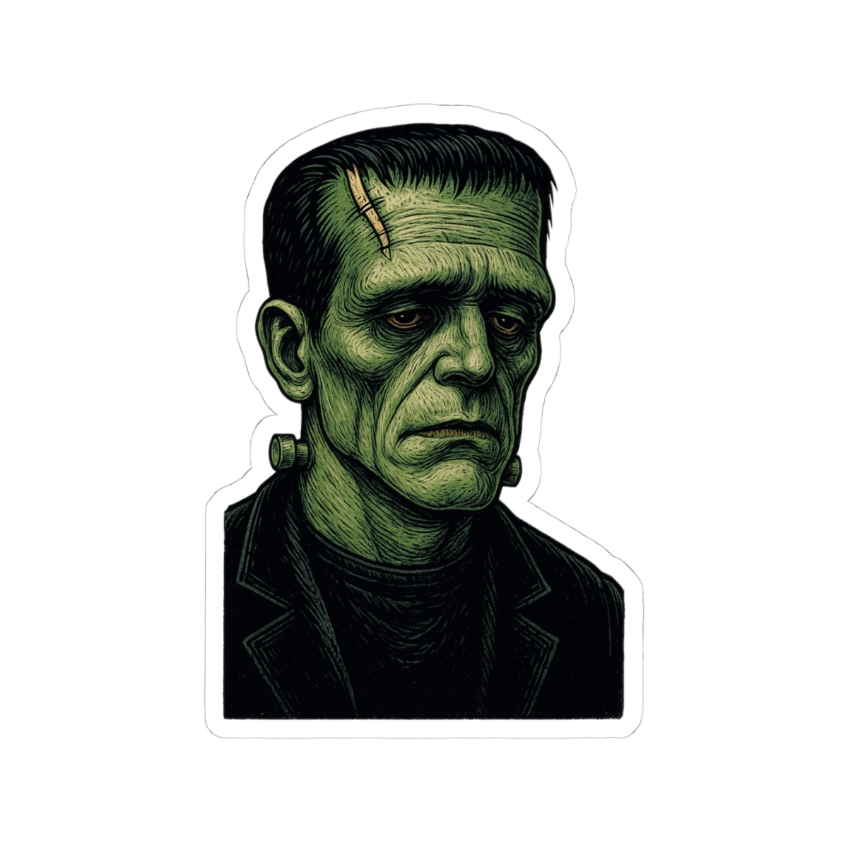 Frankenstein Monster Kiss-Cut Sticker — Retro Green Gothic Horror Decal