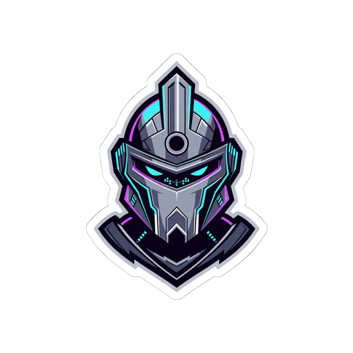 Futuristic Cyber Knight Sticker — Neon Gaming Helmet Kiss-Cut Decal