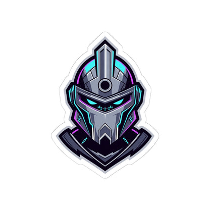 Futuristic Cyber Knight Sticker — Neon Gaming Helmet Kiss-Cut Decal