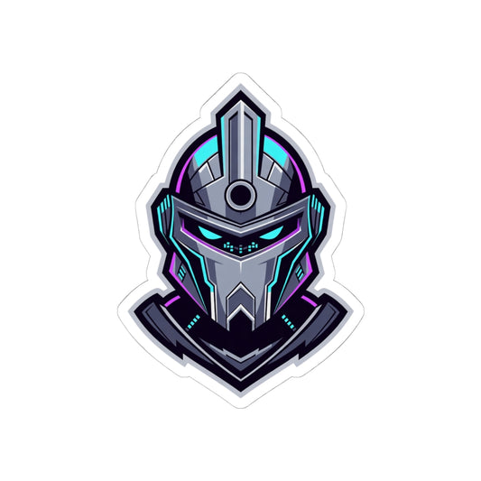 Futuristic Cyber Knight Sticker — Neon Gaming Helmet Kiss-Cut Decal