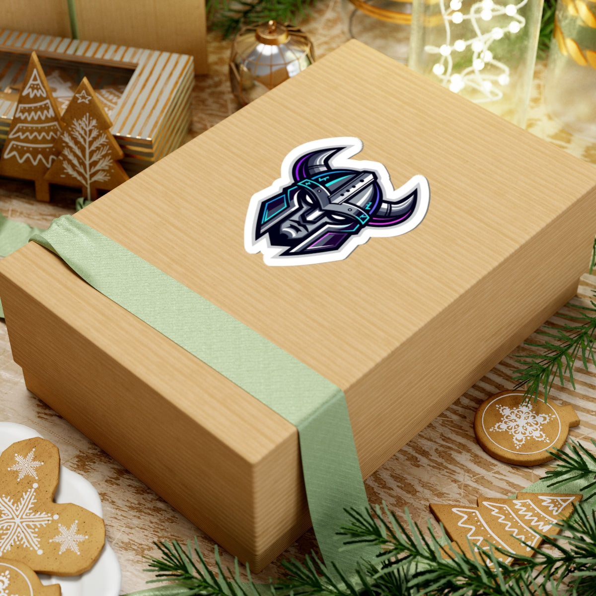 Cyber Vikings Team Mascot Logo Kiss-Cut Sticker — Neon Warrior Laptop Decal