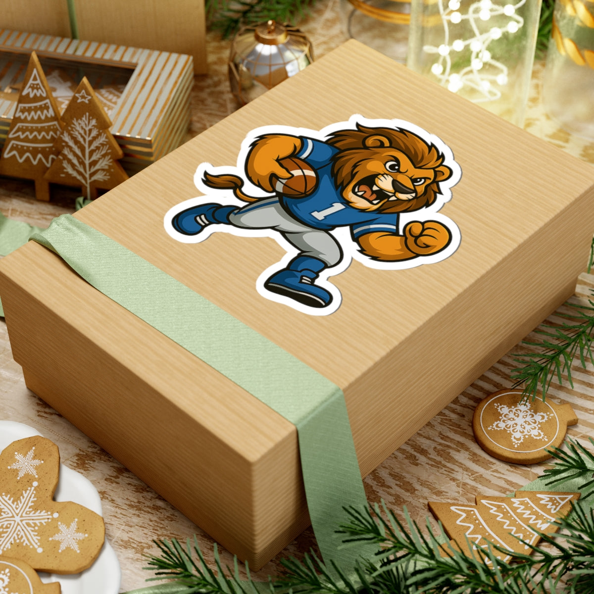 Lion Football Player Sticker — Fierce Mascot Kiss-Cut Decal for Laptops & Gear