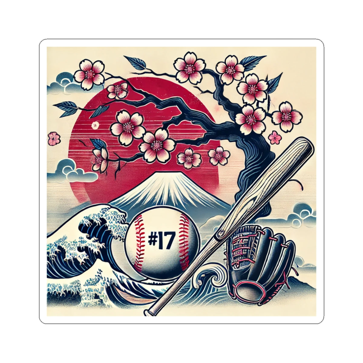 Baseball Japan Sticker — #17 Cherry Blossom, Mt. Fuji & Wave Design (Kiss-Cut)