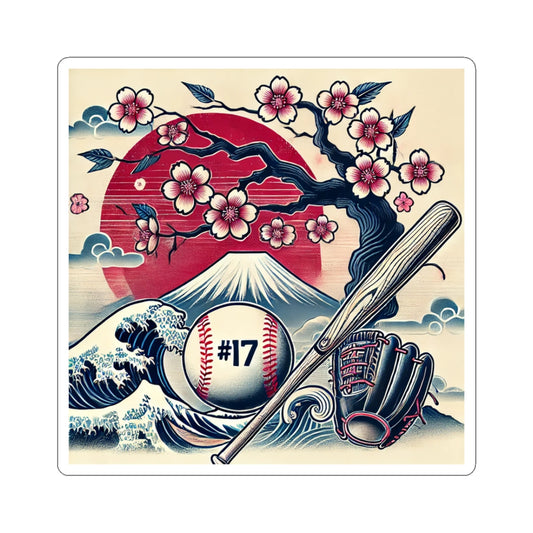 Baseball Japan Sticker — #17 Cherry Blossom, Mt. Fuji & Wave Design (Kiss-Cut)