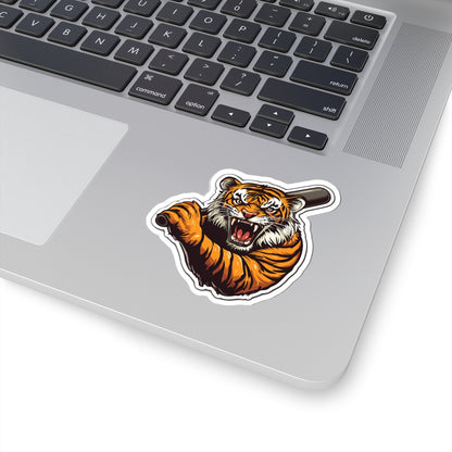 Roaring Tiger Baseball Bat Sticker — Fierce Tiger Kiss-Cut Decal for Laptops & Gear