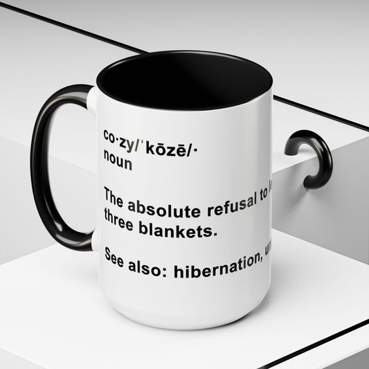 Cozy Definition Accent Mug — Funny 'Refusal to Leave a Radius of Three Blankets' Coffee Cup