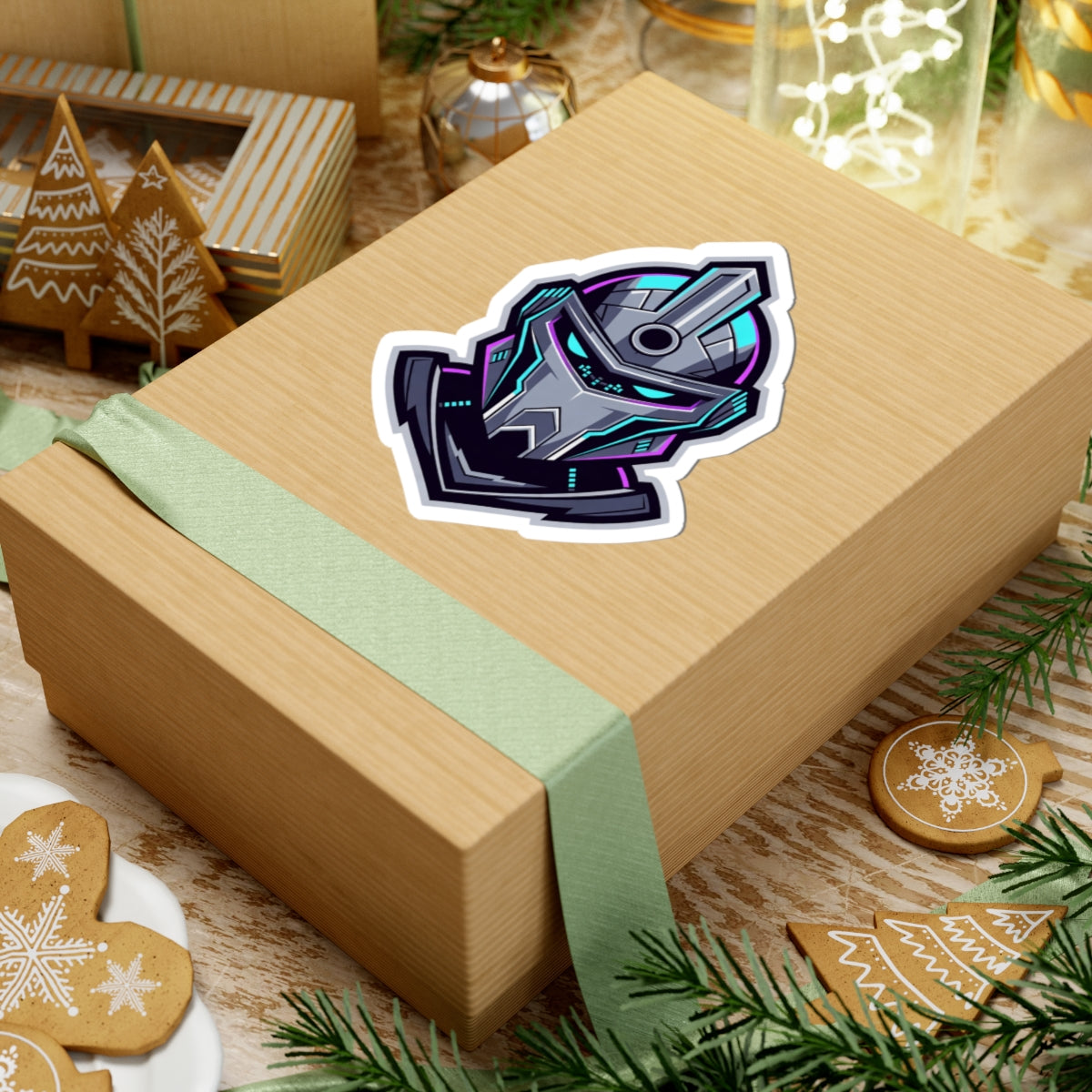 Futuristic Cyber Knight Sticker — Neon Gaming Helmet Kiss-Cut Decal