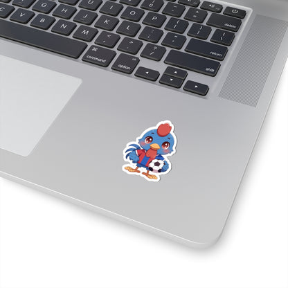 Soccer Rooster Kiss-Cut Sticker — Cute Blue Chicken Holding Soccer Ball