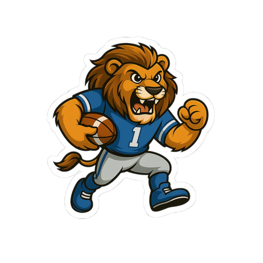 Lion Football Player Sticker — Fierce Mascot Kiss-Cut Decal for Laptops & Gear