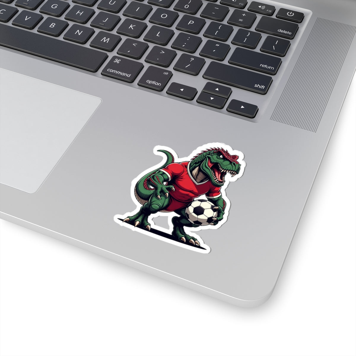 Angry Tyrannosaurus Soccer Sticker — Fierce T‑Rex Mascot Soccer Ball Decal