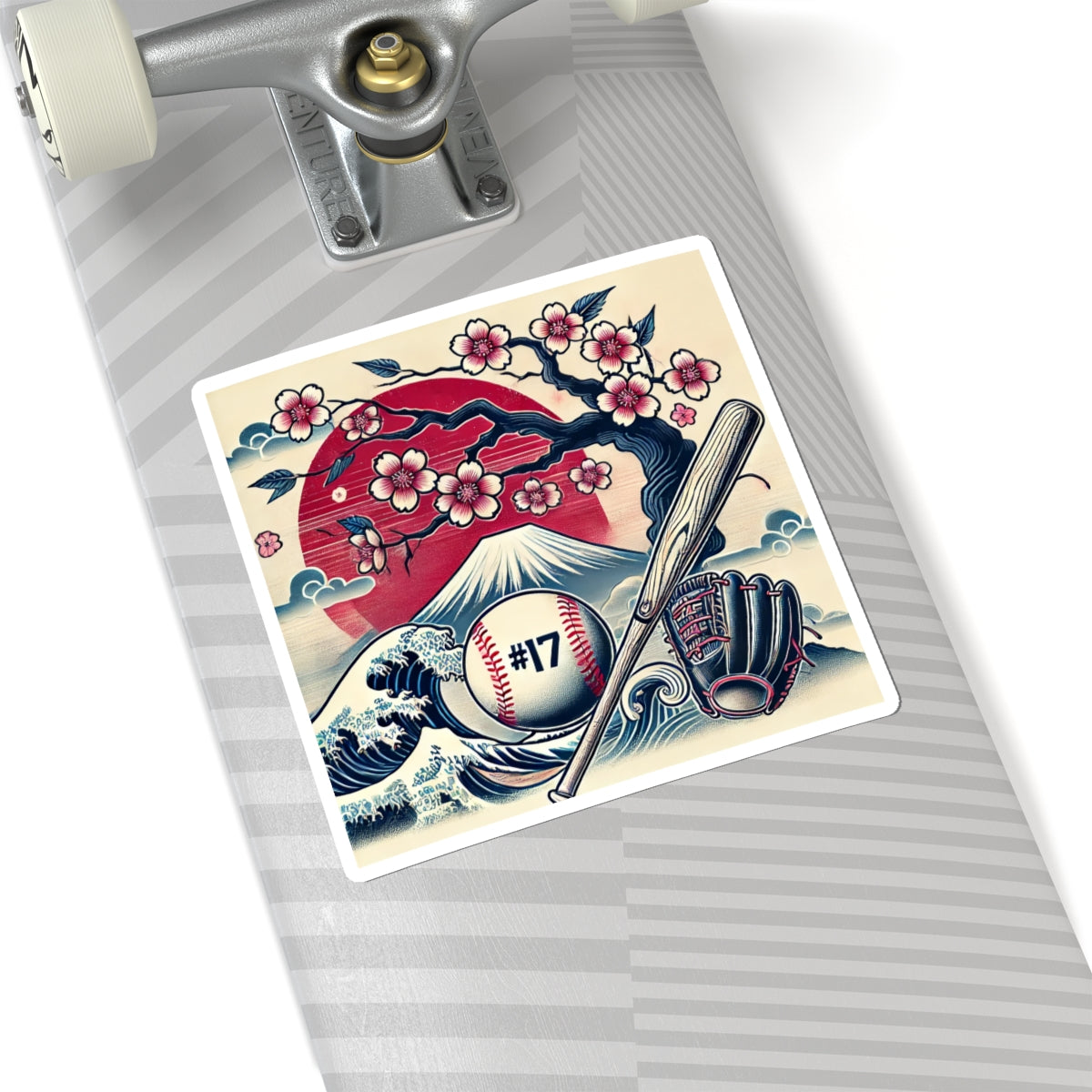 Baseball Japan Sticker — #17 Cherry Blossom, Mt. Fuji & Wave Design (Kiss-Cut)