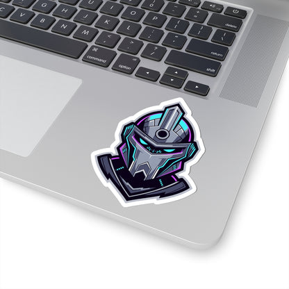 Futuristic Cyber Knight Sticker — Neon Gaming Helmet Kiss-Cut Decal