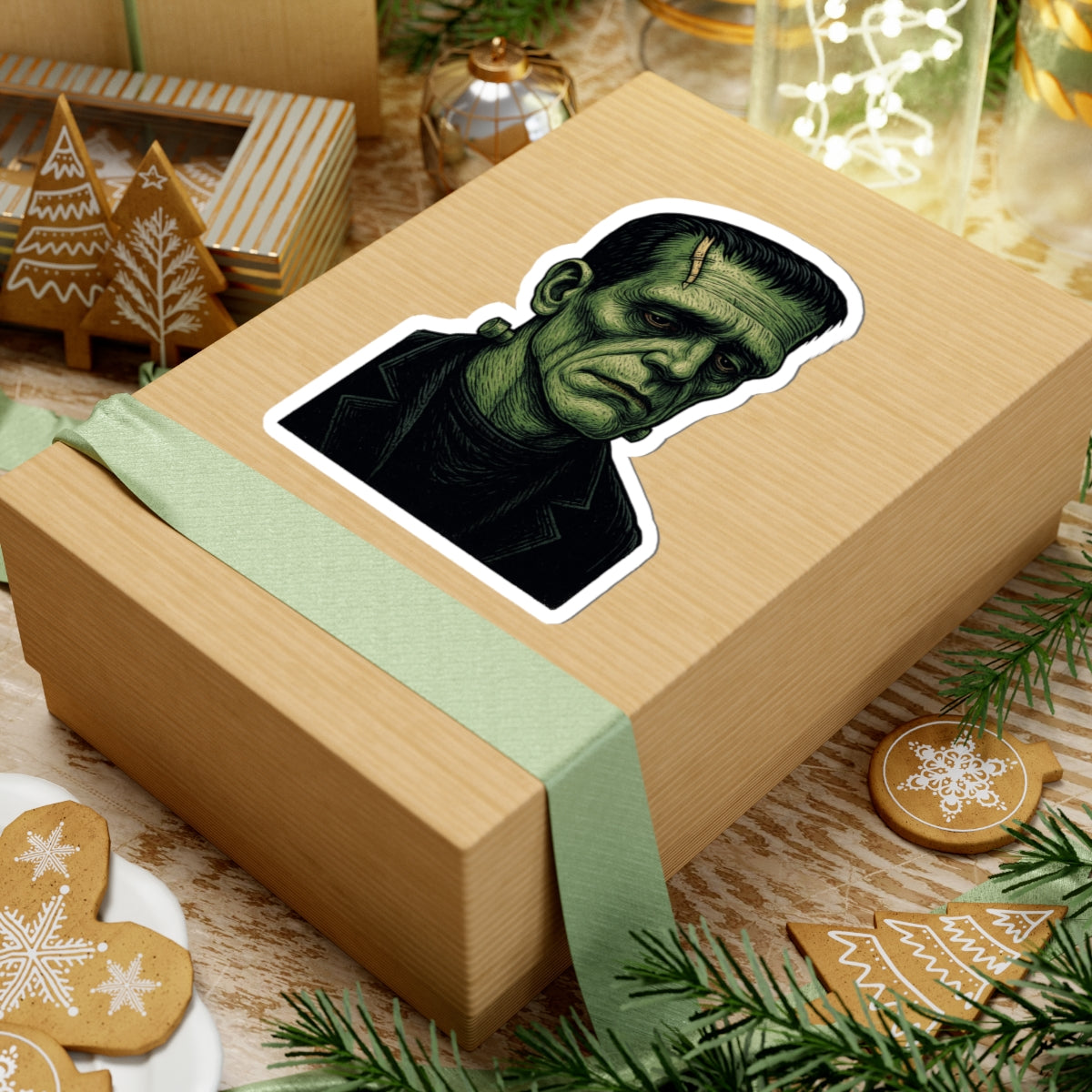 Frankenstein Monster Kiss-Cut Sticker — Retro Green Gothic Horror Decal