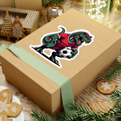Angry Tyrannosaurus Soccer Sticker — Fierce T‑Rex Mascot Soccer Ball Decal
