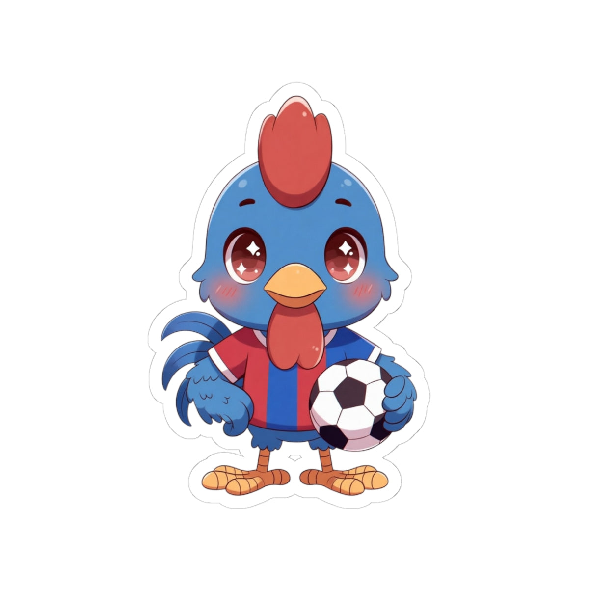 Soccer Rooster Kiss-Cut Sticker — Cute Blue Chicken Holding Soccer Ball