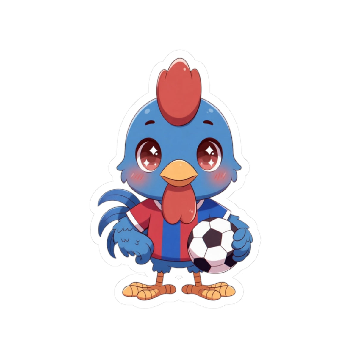 Soccer Rooster Kiss-Cut Sticker — Cute Blue Chicken Holding Soccer Ball