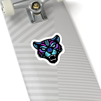 Futuristic Tiger Kiss-Cut Sticker — Retro Cyberpunk Panther Head Decal for Laptops & Gear