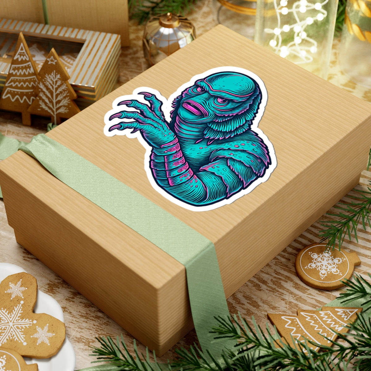 Retro Monster Kiss-Cut Sticker — Vibrant Creature from the Black Lagoon (Teal)