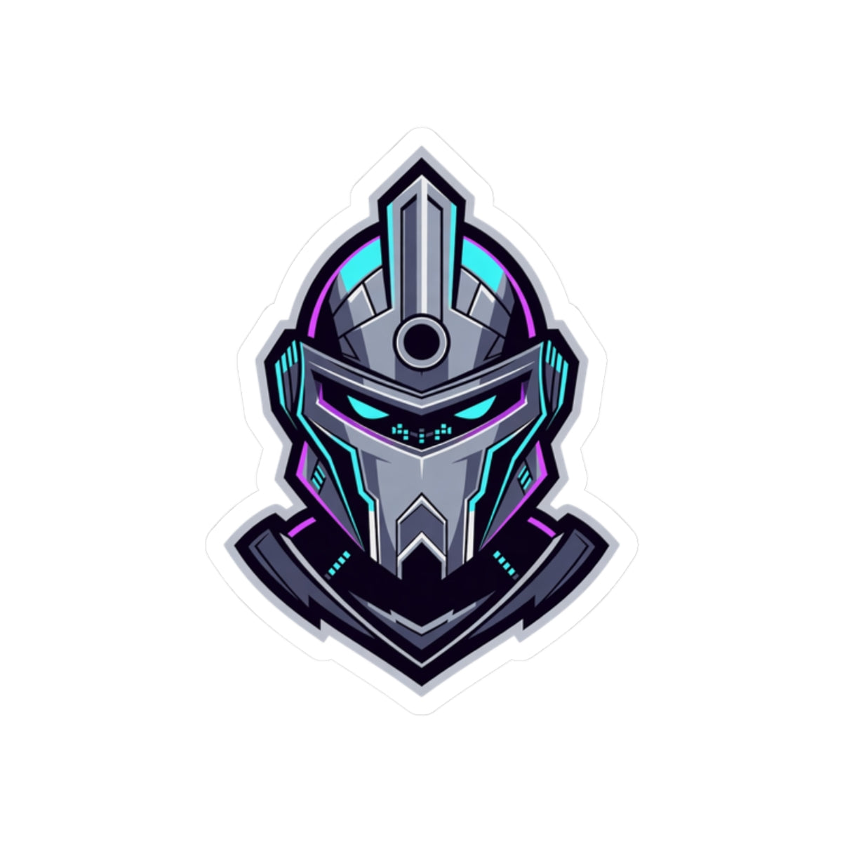 Futuristic Cyber Knight Sticker — Neon Gaming Helmet Kiss-Cut Decal