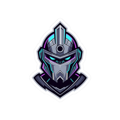 Futuristic Cyber Knight Sticker — Neon Gaming Helmet Kiss-Cut Decal