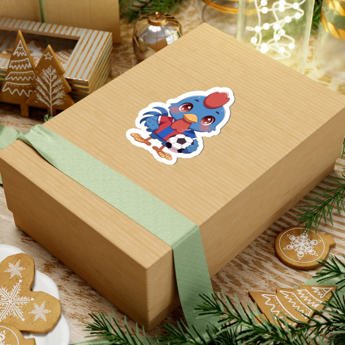 Soccer Rooster Kiss-Cut Sticker — Cute Blue Chicken Holding Soccer Ball