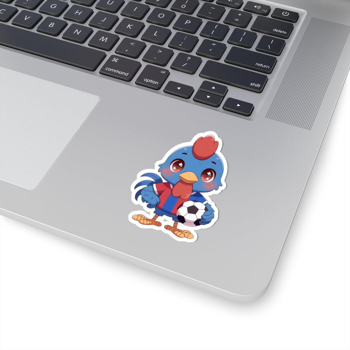 Soccer Rooster Kiss-Cut Sticker — Cute Blue Chicken Holding Soccer Ball