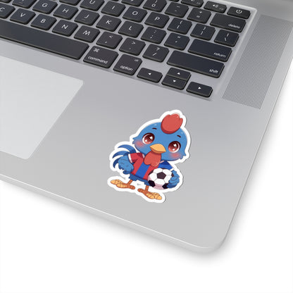 Soccer Rooster Kiss-Cut Sticker — Cute Blue Chicken Holding Soccer Ball
