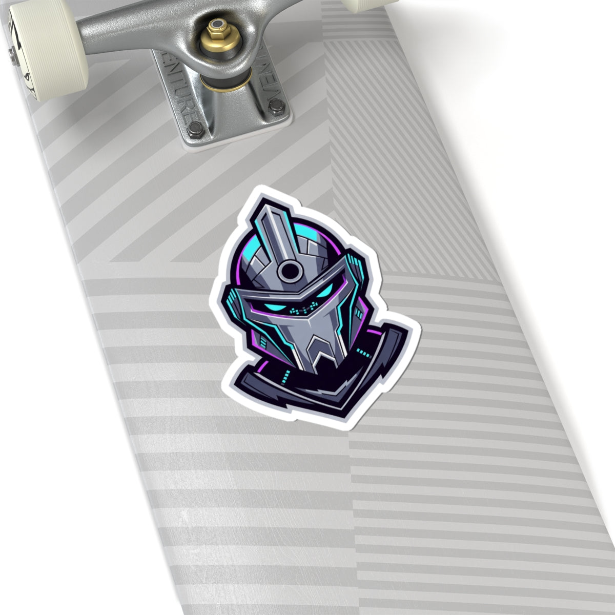Futuristic Cyber Knight Sticker — Neon Gaming Helmet Kiss-Cut Decal