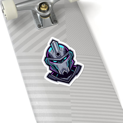 Futuristic Cyber Knight Sticker — Neon Gaming Helmet Kiss-Cut Decal
