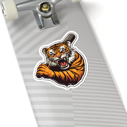 Roaring Tiger Baseball Bat Sticker — Fierce Tiger Kiss-Cut Decal for Laptops & Gear