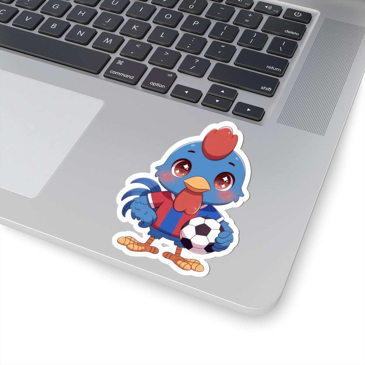 Soccer Rooster Kiss-Cut Sticker — Cute Blue Chicken Holding Soccer Ball