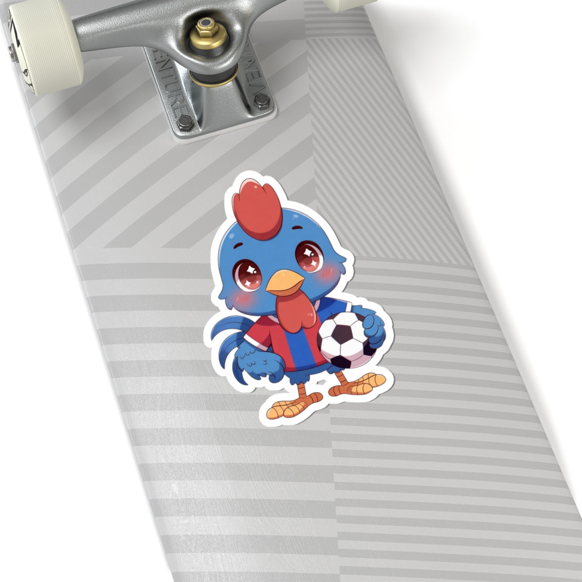 Soccer Rooster Kiss-Cut Sticker — Cute Blue Chicken Holding Soccer Ball