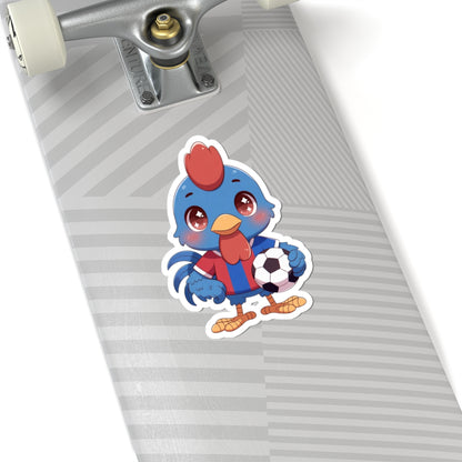 Soccer Rooster Kiss-Cut Sticker — Cute Blue Chicken Holding Soccer Ball