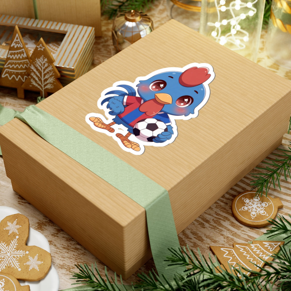 Soccer Rooster Kiss-Cut Sticker — Cute Blue Chicken Holding Soccer Ball