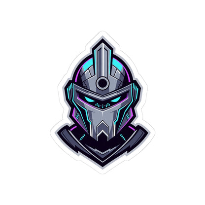 Futuristic Cyber Knight Sticker — Neon Gaming Helmet Kiss-Cut Decal
