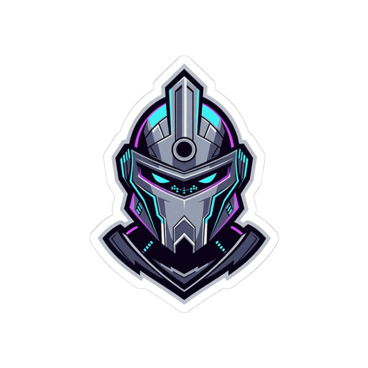 Futuristic Cyber Knight Sticker — Neon Gaming Helmet Kiss-Cut Decal